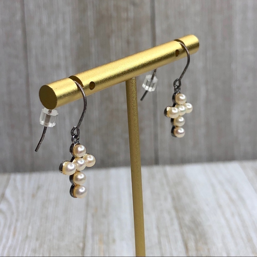 Sterling Silver Seed Pearl Cross Hook Earrings - Picture 2 of 6